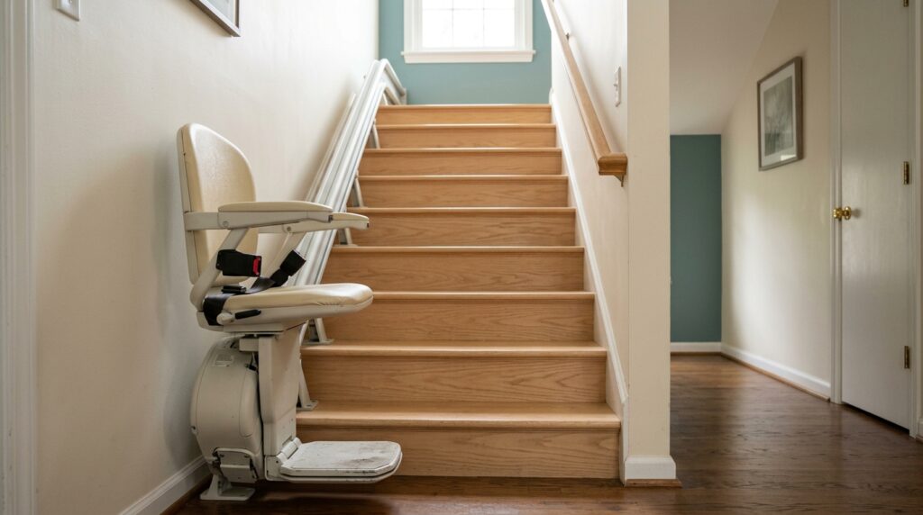 Cream-colored stairlift installed near the bottom of a straight oak staircase in a residential home.