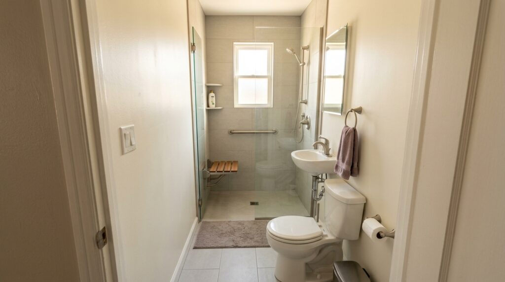 Compact bathroom with a curbless walk-in shower, grab bars, a folding shower seat, and a handheld showerhead.