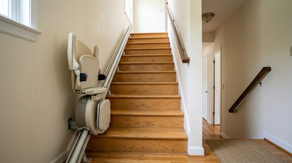 Folded stairlift on one side of a straight staircase, showing the remaining stair space beside the chair.