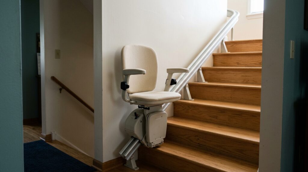 Cream-colored stairlift beside a straight wooden staircase in a residential home.