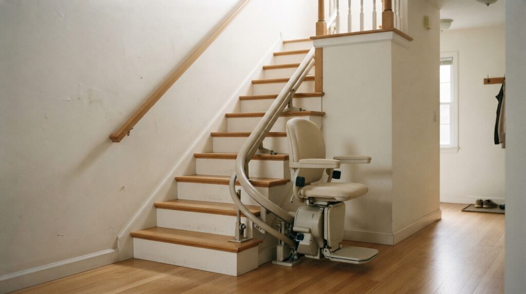 Stairlift installed beside a doorway at the bottom of a wooden staircase