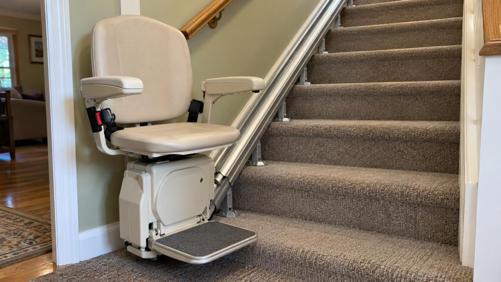Cream stairlift chair on a carpeted staircase, with metal rail supports resting on the carpeted treads.