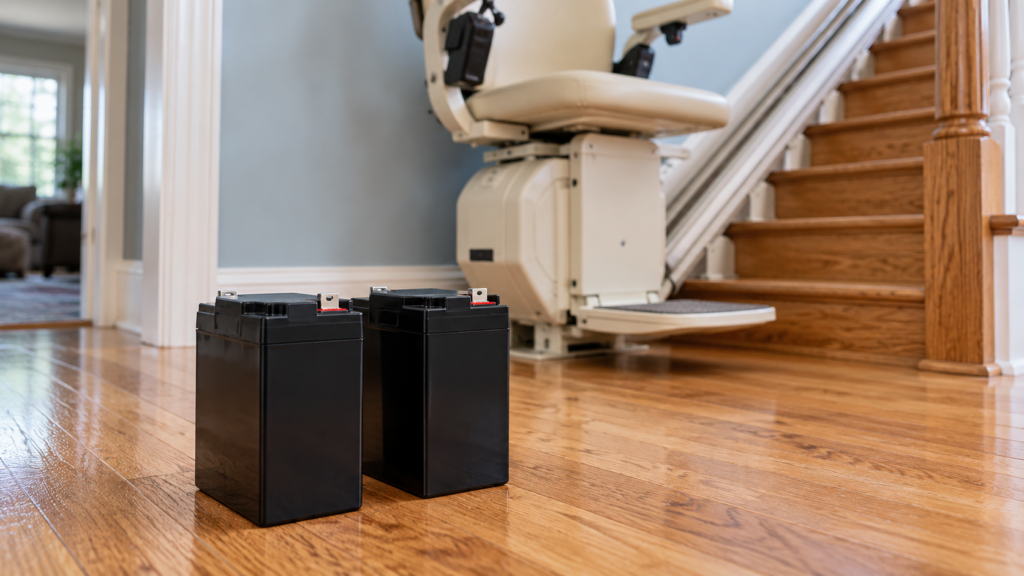 Two black replacement batteries on an oak floor, with a cream stairlift chair and wooden stairs in the background.