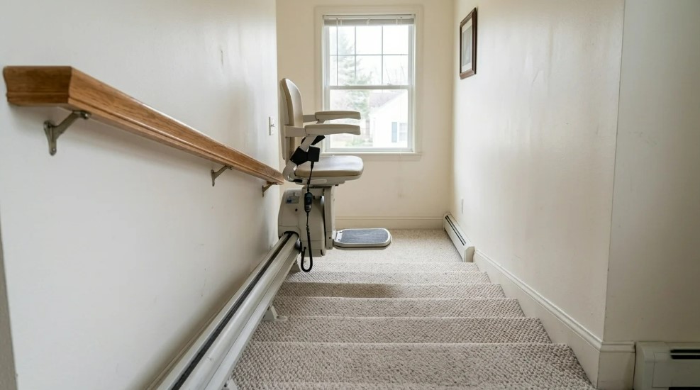 Residential stairlift viewed from upstairs, with the staircase and lower landing visible.