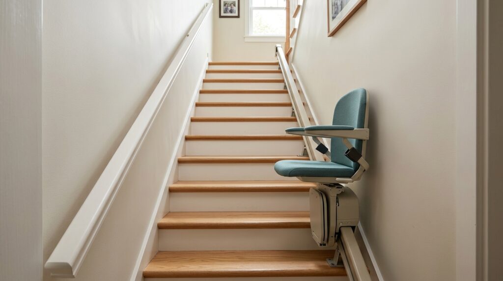 Compact stairlift with a folded seat and footrest on a narrow wooden staircase, with a handrail on the opposite wall.