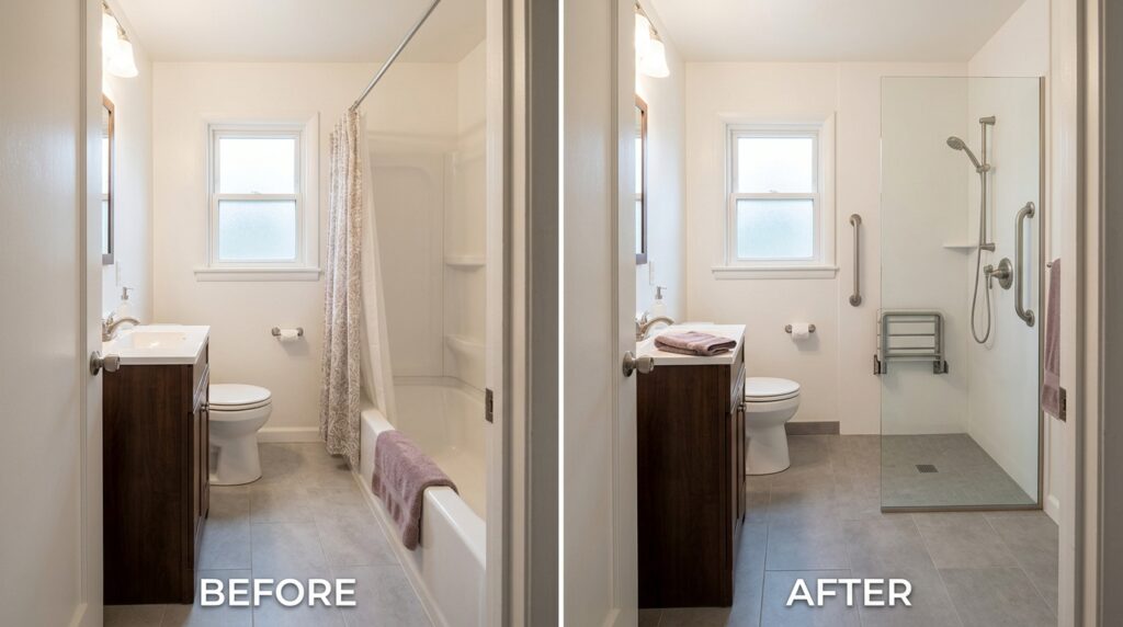 Walk-in shower with a folding seat, grab bars, and a handheld showerhead beside a bathroom vanity.